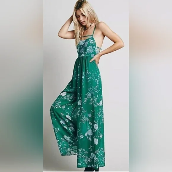 Free People Emerald Green Floral Jumpsuit Size 8 - Picture 3 of 13